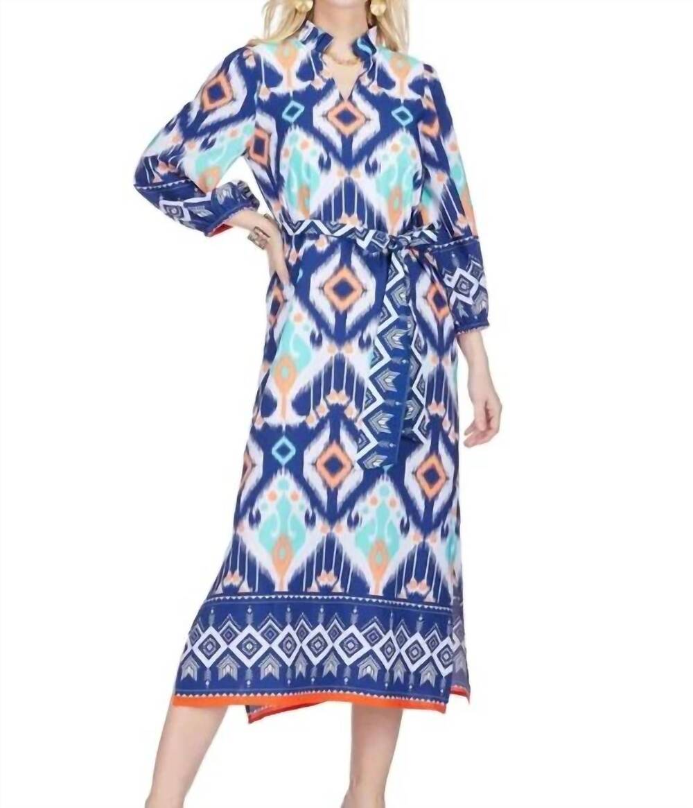 NEW JOY JOY split neck flounce midi dress in aztec border